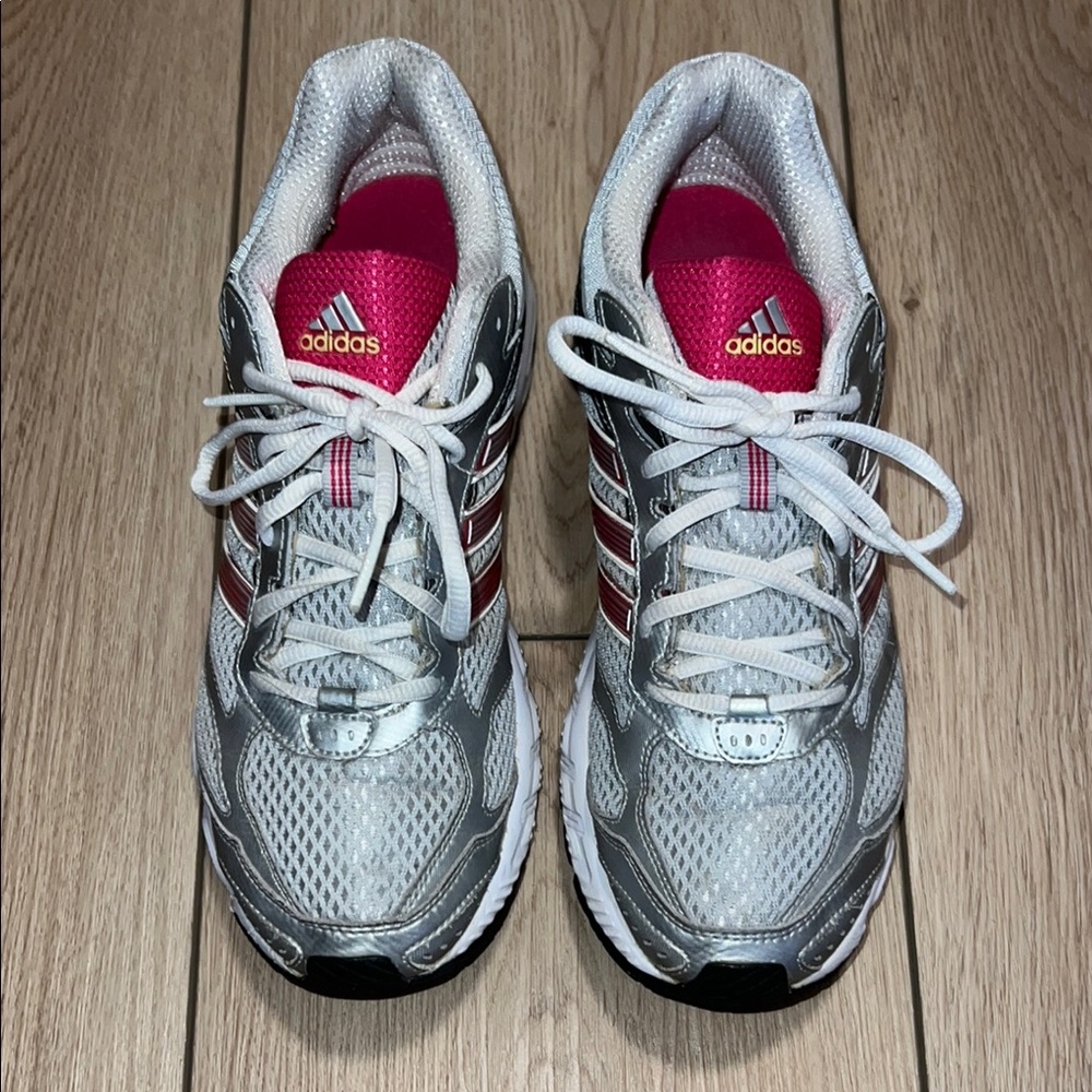 EUC - Adidas adiPRENE Silver and Pink Athletic Shoes with Mesh Construction